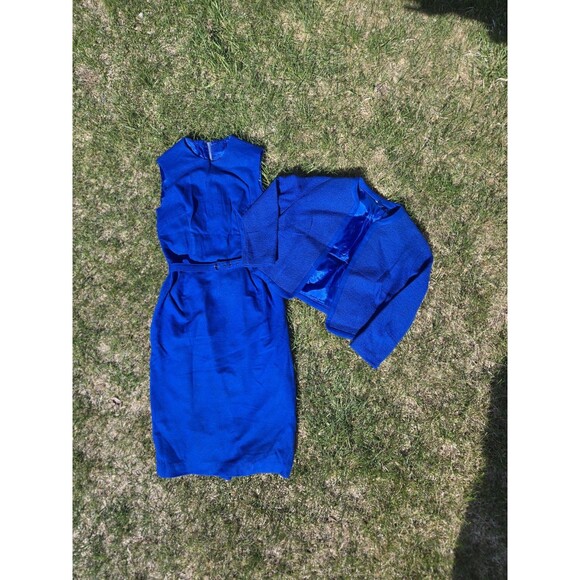 VTG 1960s Royal Blue Knit 3pc Wiggle Dress Jacket Belt Madmen Pinup Tailored - Picture 8 of 8